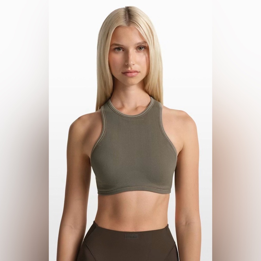 NikeSKIMS Ribbed Seamless Racer Front Bra Dusty Oak Moss/Dune M